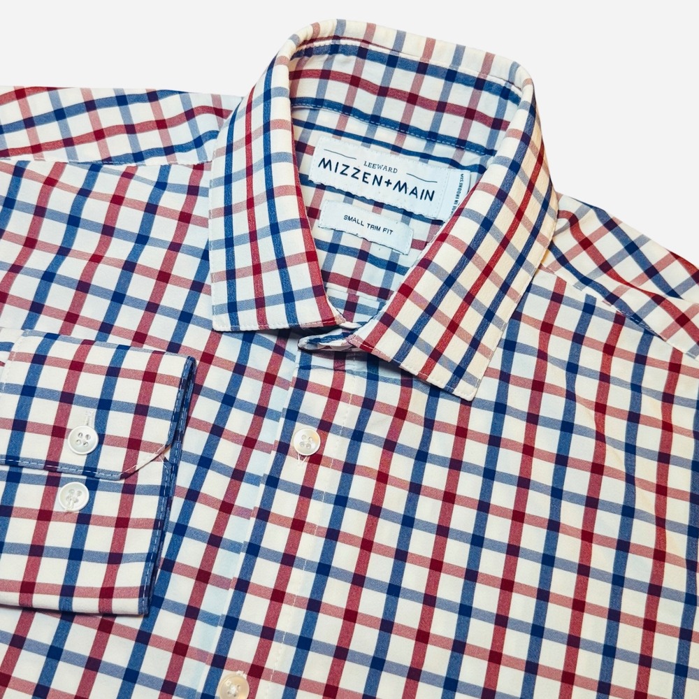 Mizzen+Main Leeward Dress Shirt Mens S Trim Fit Red Blue Plaid Performance L/S